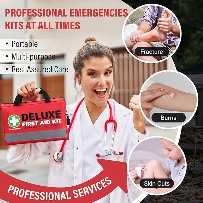 SuccorWare 380 Pieces Deluxe First Aid Kit Compact Trauma Medical Kits with Assorted Bandages, Instant Cold Pack, Emergency Blanket for Home, Travel, Camping, Vehicle, Emergency Kits(Red)