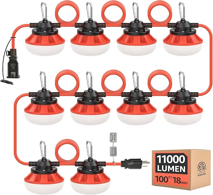 LED Construction String Lights:100w ETL Certified Industrial LED String Work Lights,IP65 Waterproof 18AWG Wire 5000K Super Bright for Attic Jobsite Garage Mine cave,with Hanging Hooks