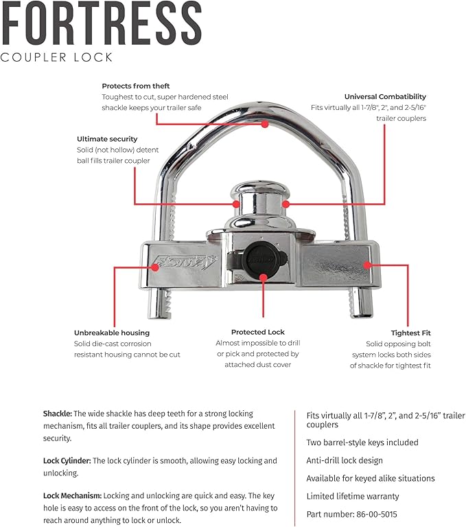 Fastway Fortress 86-00-5015 Maximum Security Universal Coupler Lock for 1 7/8 Inch, 2 Inch and 2 5/16 Inch Couplers