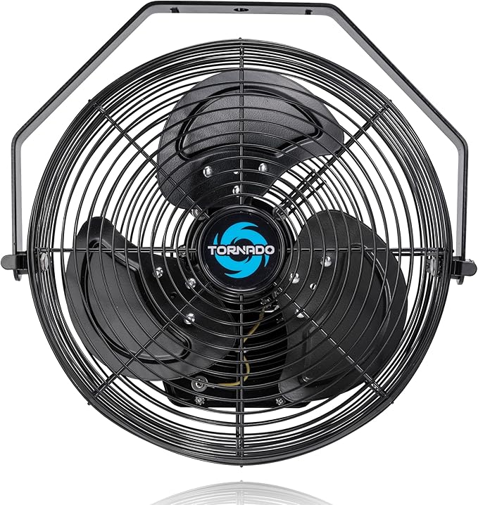 Tornado 12 Inch Outdoor Water-Resistant Metal Industrial Wall Mounted Fan IPX4 Rated High Velocity Wall Fan For Commercial, Industrial, Residential, 3 Speed 6.6 FT Cord cETL Safety Listed, Black