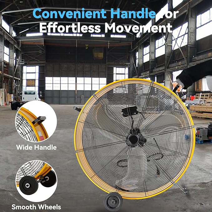 30 inch Industrial Drum Fan, 14000 CFM High-Velocity Heavy Duty Floor Fan with 3 Speeds & 5-Inch Wheels for Warehouse, Workshop, Factory & Garage – UL Listed