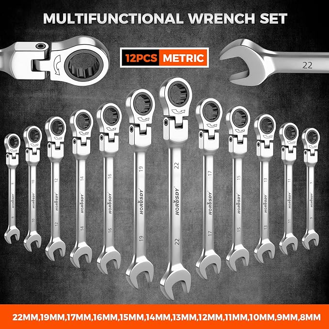 HORUSDY 12-Piece Metric Flex-Head Ratcheting Wrench Set 8-22mm, CR-V Ratchet Combination Wrenches with 72T 180° Flex Head, Magnetic Holder & Tool Bag for Auto, Motorcycle, Home & Repair
