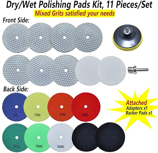 6 Inch Dry Diamond Polishing Pads, 11PCS Wet/Dry Granite Stone Buffing Pad Kit for Marble Concrete Quartz Tiles - High Temperature Resistance Sand Disc for Drill Grinder Polisher