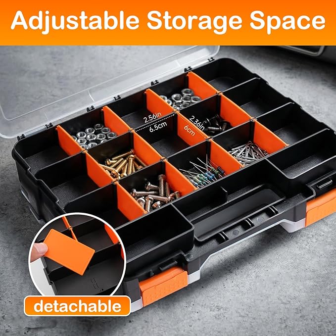 Plastic Tool Box,Double Side Tool Organizer Small Parts Tool Box Hardware Organizer with Removable Plastic Dividers for Bead/Screws/Nuts/Nails/Bolts/Bins/Crafts