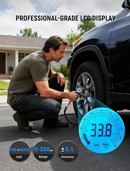 EVOULTES Digital Tire Pressure Gauge with Inflator, 0-250 PSI & 0.1 Res, Heavy Duty Tire Inflator Gauge with Locking Air Chuck & Quick Connector, Air Compressor Accessories w/Storage Box, 28 Pcs Set