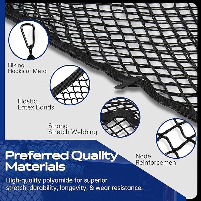 Double Layer Cargo Net for Truck Bed - for SUV/Truck/Pickup, 4'x4' Stretches to 7'x7' Highly Elastic Cargo Net - Trunk Organizer with 8 Hooks & Anti-Slip Clips - Universal Vehicle Storage Net
