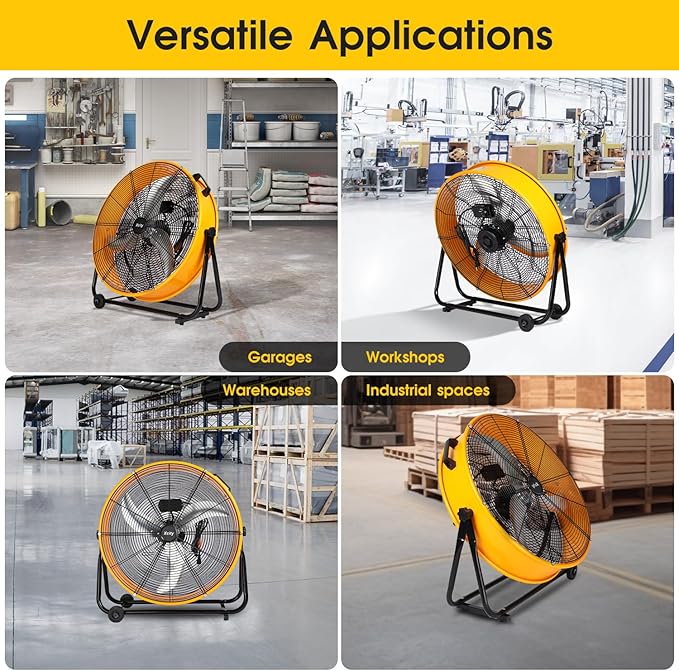 Xcity 24-Inch Metal Drum Fan, Max 8700 CFM High Velocity Industrial Floor Fan With 360° Tilt & 3 Speed for Garage,Workshop,Factory, Basement