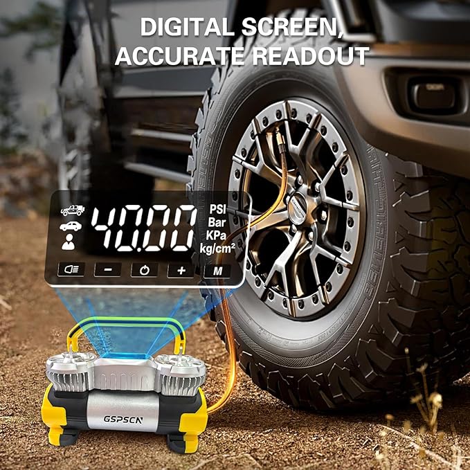 GSPSCN 6X Faster Inflation Digital Dual Cylinder Portable Air Compressor,12V Metal Tire Inflator w/Adapter & Pencil Pressure Gauge 150PSI LED Light丨Heavy Duty Air Pump for Car,Truck,SUV,ORV,RV,Balls