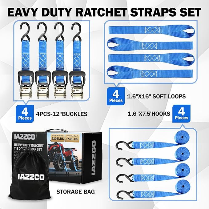 Heavy Duty Ratchet Straps with Hook - 1.6 Inch x 8 FT (5208 LB Break Strength) Tie Down Straps with S Hooks & Soft Loops, for Trucks, Cargo, Moving and Appliances（Blue/4 Pack）