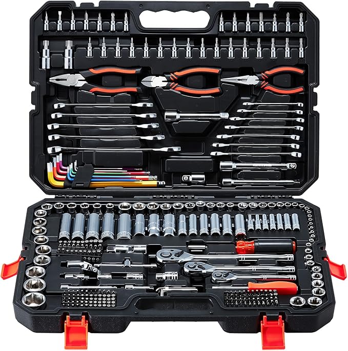 VEVOR Mechanics Tool Set, 314-Piece Mechanic Tool Kit, 1/4 in, 3/8 in, and 1/2 in Drive, Metric Socket Set, Wrenches, Screwdriver Bits, Accessories, and Storage Case, for Automotive and Home Repair
