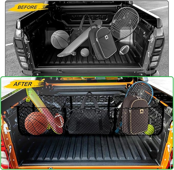 Gestec 3 Pocket Truck Bed Cargo Net for Toyota Ford Dodge GMC Chevy Silverado, Universal Pickup Mesh Storage Net 47.2" x 11.8" Stretchable Elastic Truck Bed Grocery Holder Net with 4 Ball Bungees