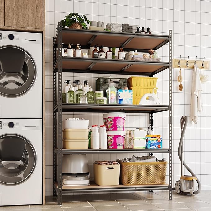 5-Tier Heavy Duty Adjustable Metal Storage Unit, 72" h x 48" w x 24" d, for Garage, Basement, Warehouse, Pantry, Closet, Kitchen, Black