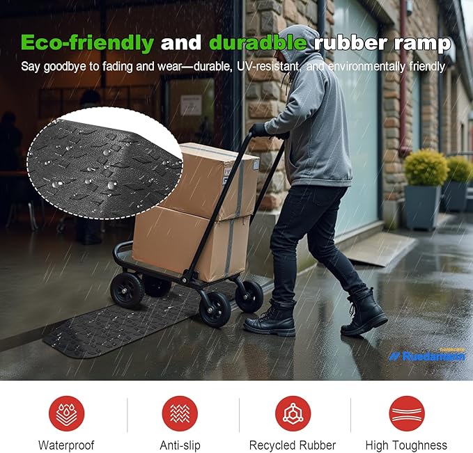 Ruedamann 2" Rise Rubber Threshold Ramp, 42.9" Wide Wheelchair Ramp, 2200 Lbs Capacity, Entry Ramp, Curb Ramp with Non-Slip Surface, for Wheelchairs, Scooter, Power Chairs, Driveways