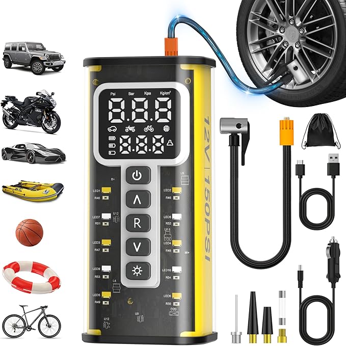 Tire Inflator, 150 PSI, 9000mAh Battery Air Compressor, Car Tire Pump, Air Pump for Car Tires, Bike Inflator, Car Accessories for Cars, Motorcycles & Bicycles