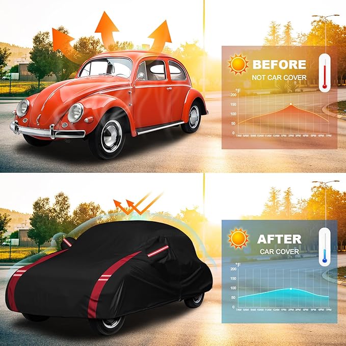 QUNSUNUS 6 Layer Car Cover for Volkswagen Beetle Bug 2 Door 1960-1980 Waterproof All Weather 210D Windproof for VW Beetle Bug Car Cover Hail Protection with Zipper