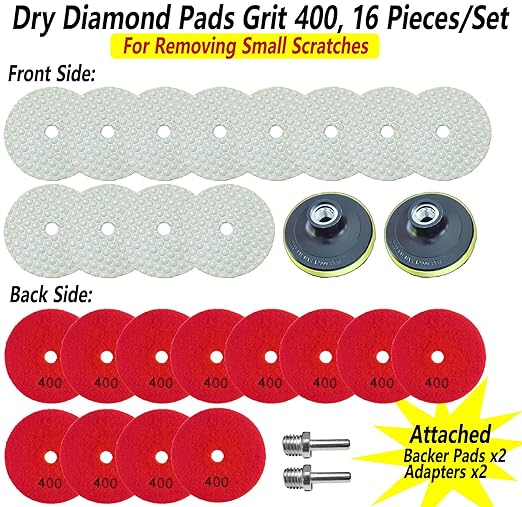 16 Packs Dry Diamond Polishing Pads Grit 400, 4 Inch Dry/Wet Granite Sanding Pad for Bufffing Marble Quartz Concrete Stone Tiles Used for Grinder Polisher Drill
