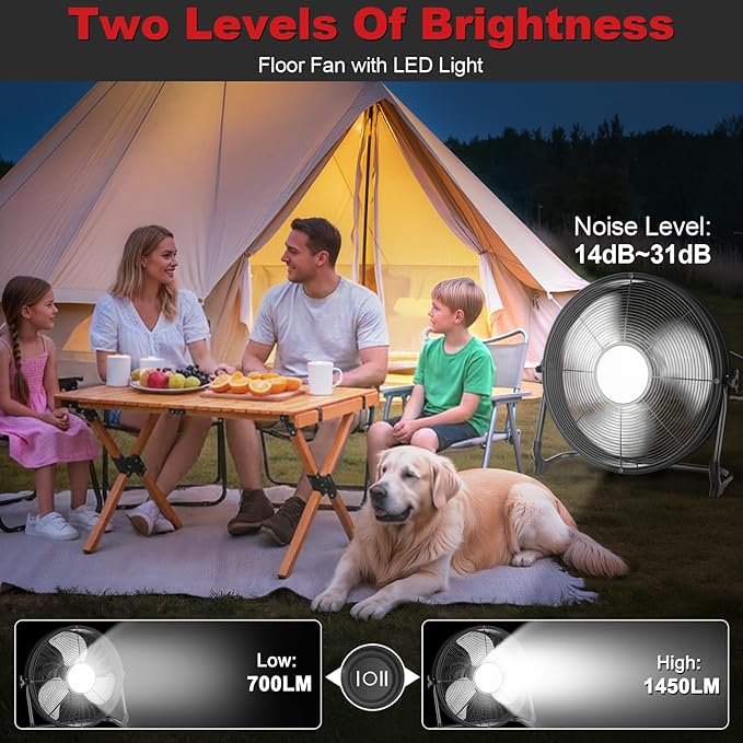 16" Battery Operated Floor Fan with Light Compatible with Milwaukee M18 18V Battery, Portable Fan with AC Adapter and USB Output, Metal High Velocity, Stepless Speed Cordless Fan for Jobsite Camping