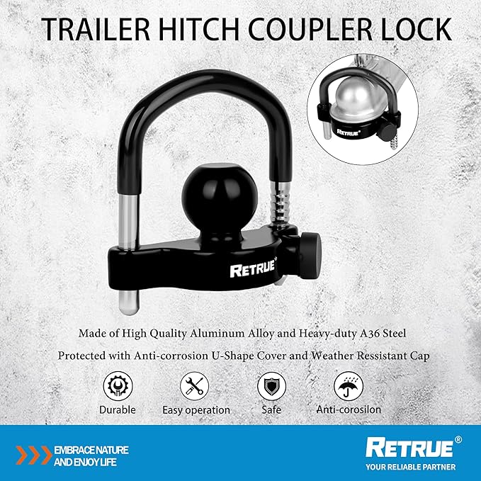 RETRUE Universal Trailer Ball Lock Hitch Coupler Locks Fits 1-7/8 Inch, 2 Inch, 2-5/16 Inch Couplers Adjustable Security with Weatherproof Cover and Cap, Black