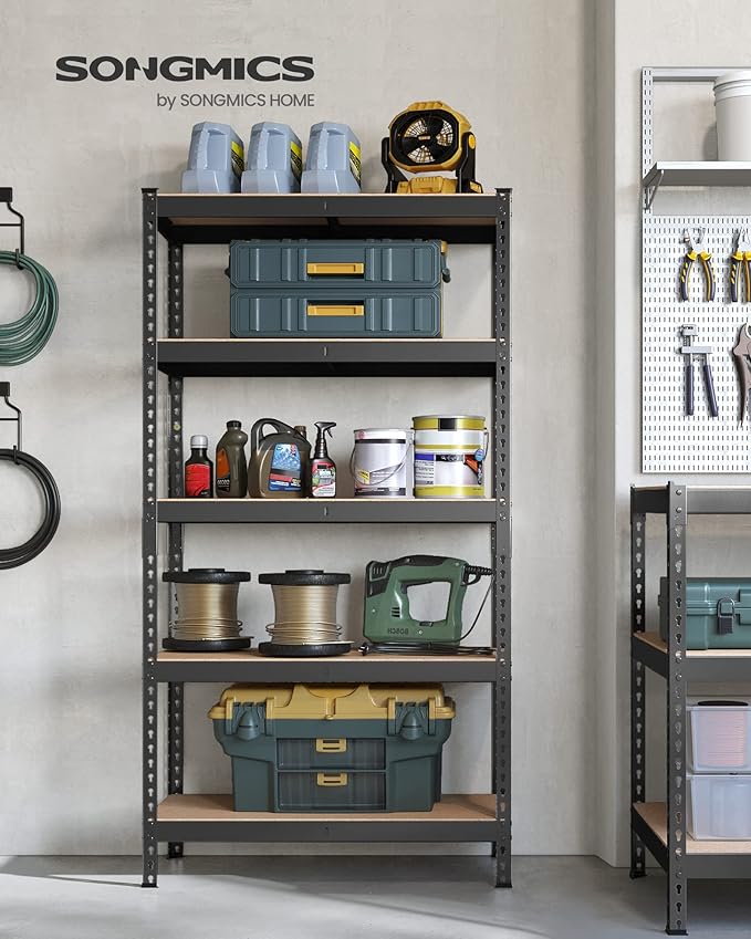 SONGMICS 5-Tier Storage Shelves, Load 2310 lb, Garage Storage, Boltless Assembly, Adjustable Shelving Unit, 17.7 x 35.4 x 70.9 Inches, for Study Shed Basement, Black and Natural Beige UGLR450B01
