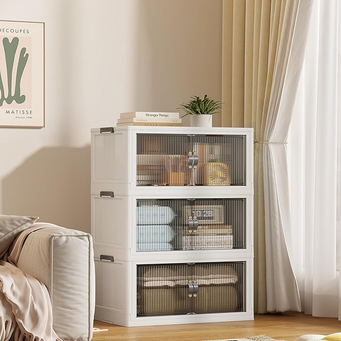 SAILUN 87Gal/348Qt Stackable Storage Bins Folding Collapsible Storage Bins with a Lid, Closet Organizers and Storage,White 26" W x 17" D x 43.7" H