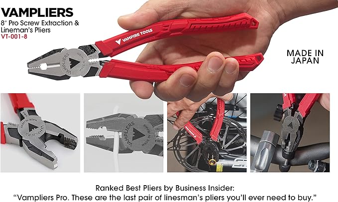 VAMPLIERS 4-PC Screw Extractor Pliers Set. Made in Japan: 8" Linesman, 7.5" Long Nose, 6.25" Black Oxide & 5" ESD Safe Mini Plier. Remove any Stripped/Damaged/Rusted Fasteners