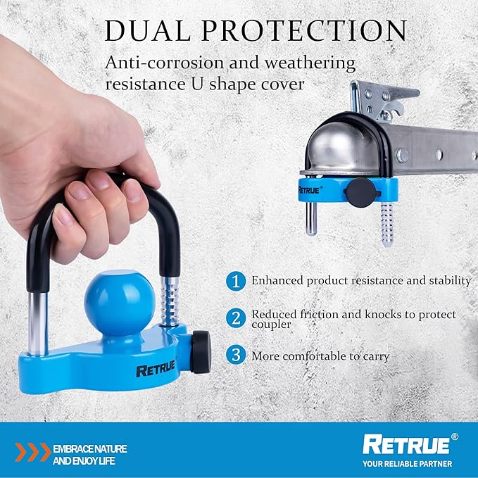 RETRUE Universal Trailer Ball Lock Hitch Coupler Locks Fits 1-7/8 Inch, 2 Inch, 2-5/16 Inch Couplers Adjustable Security with Weatherproof Cover and Cap, Blue