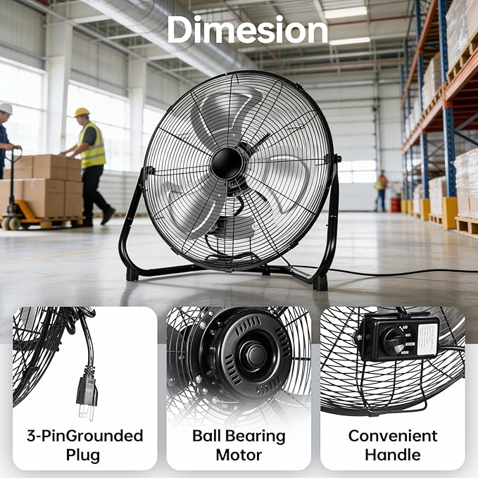 20 Inch Floor Fan,Heavy Duty Metal Industrial Fan - High Velocity Fan with 3 Speeds & Tilt, Powerful Metal Fan for Shop, Garage, Patio & Bedroom