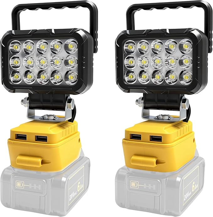 2PCS Cordless LED Work Light for DEWALT Battery, 58w 4800lumens Battery Powered Work Lights for Battery, Portable LED Light with Two USB Charging Port for Workshop, Outdoor, Emergencies