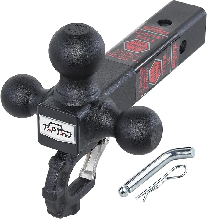 TOPTOW Trailer Hitch Tri-Ball Hitch with Hitch Balls & Beast Tow Hook Matte Black Fits for 2-inch Receiver,with Hitch Pin Kit