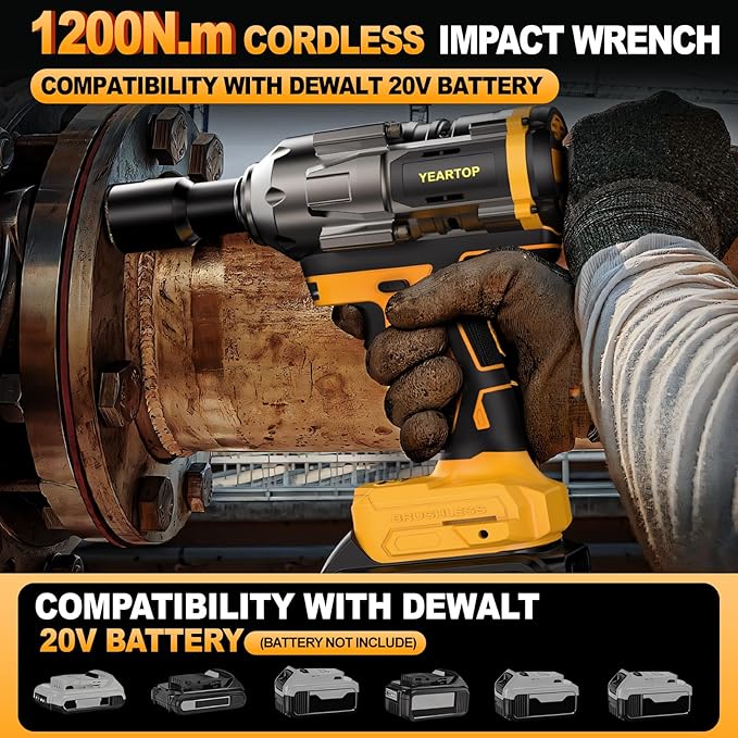Cordless Impact Wrench 1/2 inch for Dewalt 20V Battery, 900FT-LBS(1200N.m) Driver Brushless, High Torque with 6 Pcs Sockets & Gift Box (No Battery)