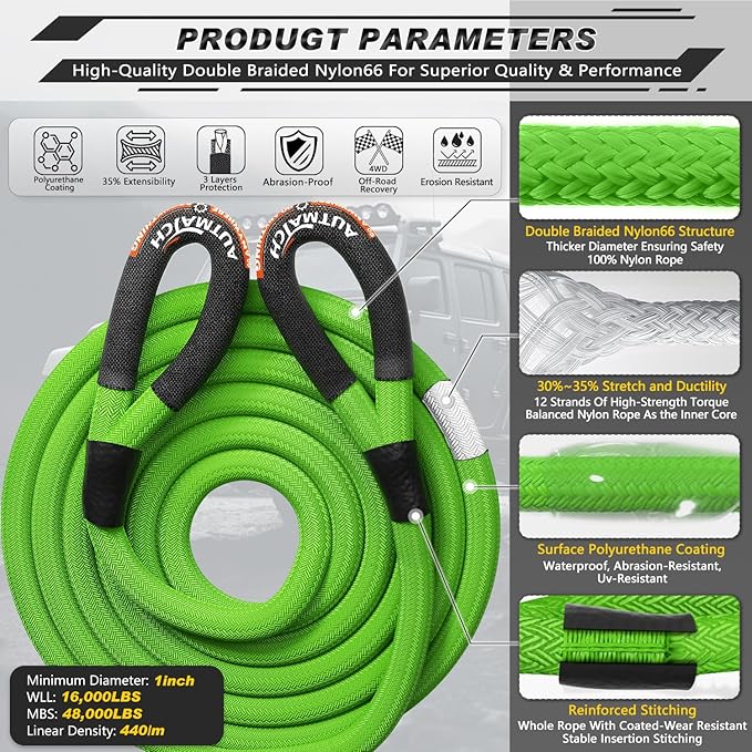 AUTMATCH Kinetic Recovery Tow Rope 1" x 30FT - Heavy Duty Energy Recovery Tow Rope 48000Lbs, 35% Elasticity Offroad Snatch Strap for 4x4 Off-Road Vehicle, Truck, Trailer, ATV, UTV, Green
