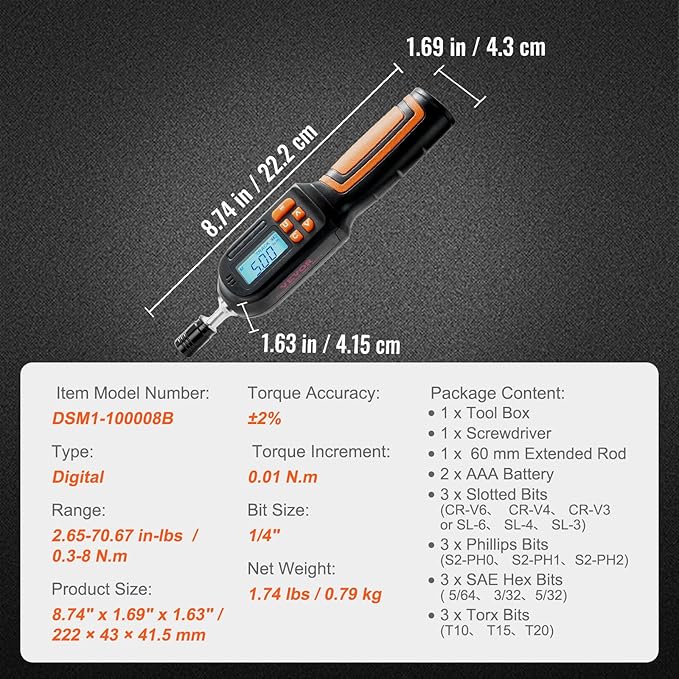 VEVOR Digital Torque Screwdriver, 1/4" Drive Screwdriver Torque Wrench, Electrician Torque Screwdriver with LCD, 2.65-70.67 in-lbs Torque Range, 0.01 N.m Increment Torque Screwdriver with Bits & Case