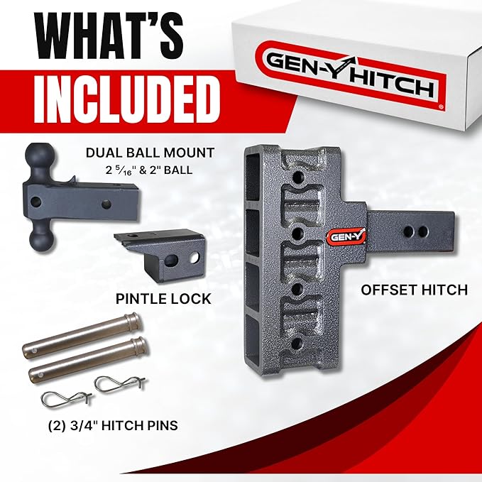 GEN-Y Hitch Offset Tow Hitch for 2.5" Receiver - 3" Rise/6" Drop with 4 Adjustable Positions, Includes Dual Ball Mount, Pintle Lock and Pins, 21,000 lbs Towing Capacity, 3,000 lbs Tongue Weight