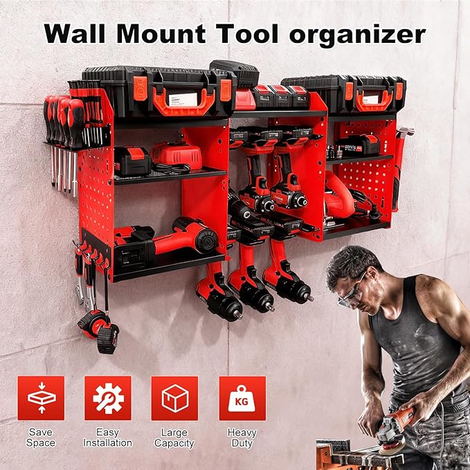 3 layers power tool organizer Loads 150lbs with 6 Cordless Drill Holder and 6 Outlet Power Strip,it’s good choice for husband birthday gift,red