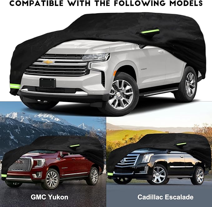 YIXIN Waterproof Car Cover for 2007-2026 Chevrolet Tahoe/GMC Yukon/Cadillac Escalade Car Cover Custom Fit 100% Waterproof Windproof Strap & Single Door Zipper Up to 213” L (Black)