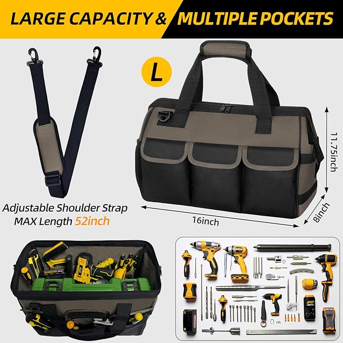 NECKORY Tool Bag, Portable Tool Box Organizer Adjustable Shoulder Strap, Carry Tool Tote Heavy Duty Tool Storage Bag With Wide Mouth,Tool Bags for Men Mechanic EngineerGift - L, Coffee & Black