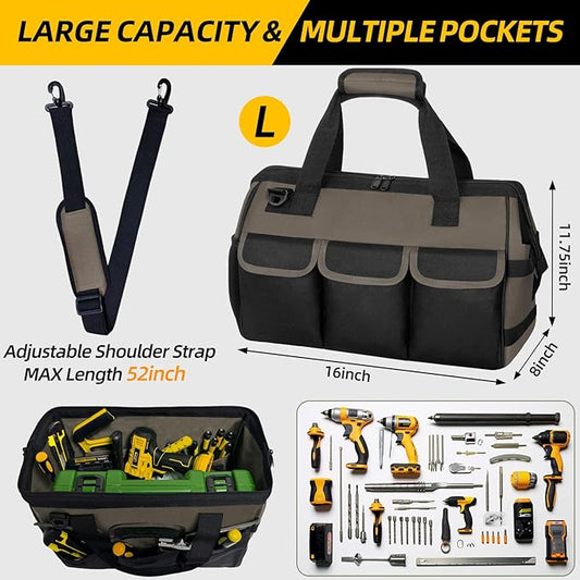 NECKORY Tool Bag, Portable Tool Box Organizer Adjustable Shoulder Strap, Carry Tool Tote Heavy Duty Tool Storage Bag With Wide Mouth,Tool Bags for Men Mechanic EngineerGift - L, Coffee & Black