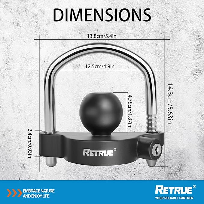 RETRUE Universal Coupler Lock Trailer Locks Ball Hitch Trailer Hitch Lock Adjustable Security Heavy-Duty Steel Fits 1-7/8 Inch, 2 Inch, 2-5/16 Inch Couplers, Matte Black
