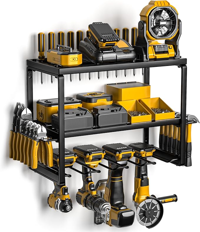 Spampur Power Tool Organizer Wall Mount, 3 Layers Storage Rack with 4 Drill Holders, Garage Storage Rack for Handheld, Metal Tool Shelf Utility Rack for Cordless Power Tools, Suitable for Giving men
