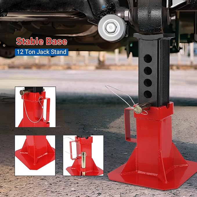 Heavy Duty Pin Type Professional Car Jack Stand with Lock, Automotive Jack Stands for Supporting Trucks Trailers Car, Adjustable Height 11"-18", 12 Ton (26,400 Lb) Capacity, Red, 1 Pair