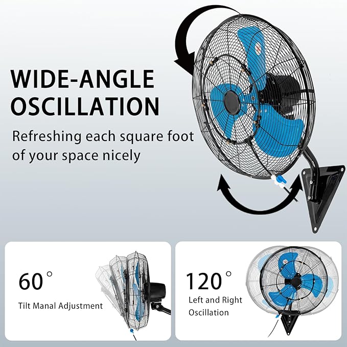 AZOUTDOOR 20" Wall Mount Fan 7000 CFM Wall Oscillating Fan 3-Speed Industrial Fans with Mist High Velocity Wall mounted Fans for Residential, industrial, Warehouse, Greenhouse, Workshop
