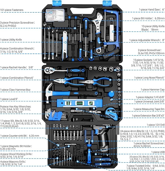 Tool Set: Tool Kit with 12V Cordless Drill, Hand Toolbox with storage case, Mechanic Tool set for Home Repairs, Blue