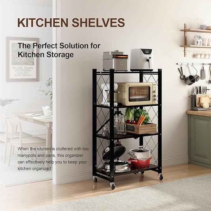 4 Tier Folding Shelf with Wheels, Wood and Metal Bookshelf, no Assembly Foldable Storage Shelves, Vintage Storage Rack for Living Room, Bedroom, and Home Office