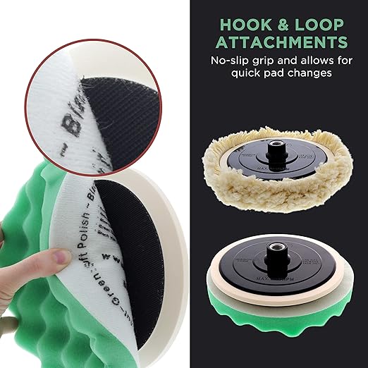 TCP Global Professional 6 Pad Buffing and Polishing Kit with 5 Waffle Foam Pads and 1 Wool Grip Pad for Car Detailing - Complete 8 inch Polisher Buffing Pads Set with 5/8 inch Threaded Backing Plate