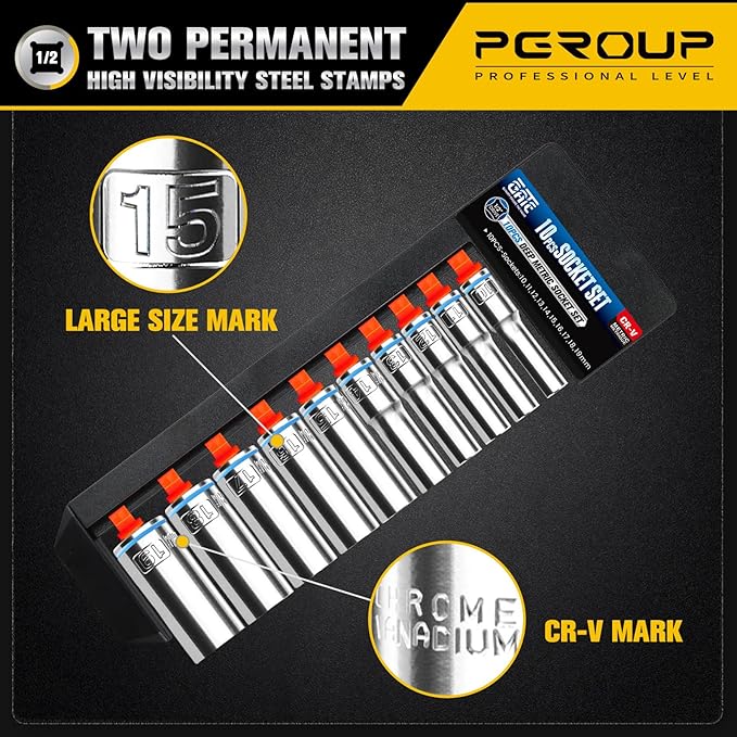 10PCS 1/2” Drive Deep Socket Set, Metric (10mm-19mm), 6-Point, Cr-V Steel, Chrome Plated Socket With Hanging Bracket, Cover Most Commonly Sizes