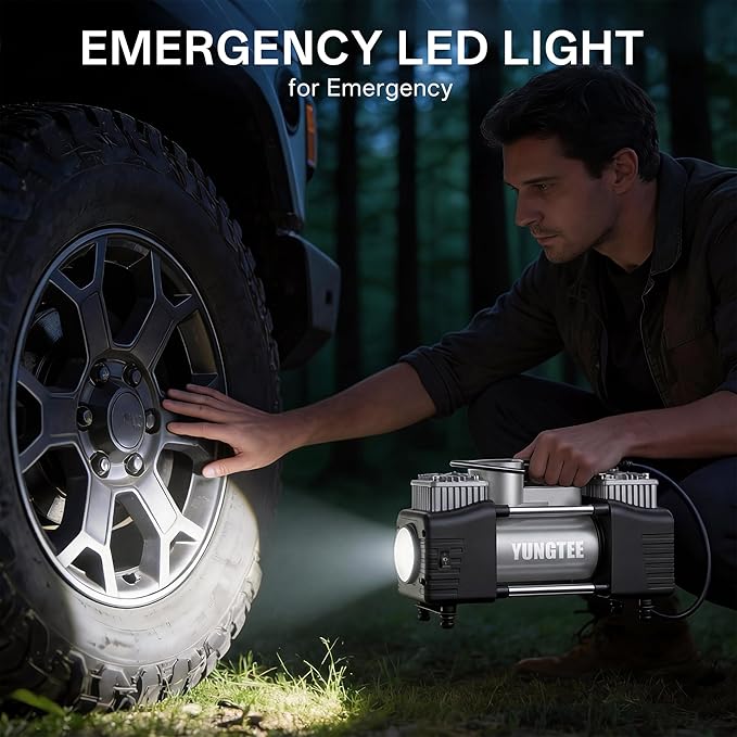 YUNGTEE Sliver Tire Inflator Heavy Duty Double Cylinders Direct Drive Inflation Pump,12V Portable Air Compressor Pump with Emergency LED Light - 150PSI Tire Pump,Apply to Car,Suv,RV