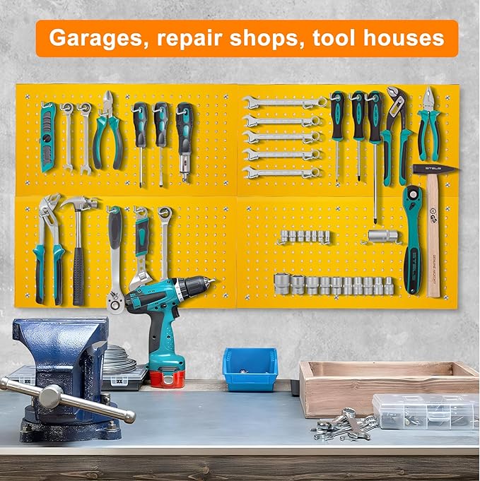 Metal Peg Board Panels for Workbench, Shop, Shed Modular Peg Board Organizer Board Kit, pegboard Wall Organizer(4 Pack, Yellow)