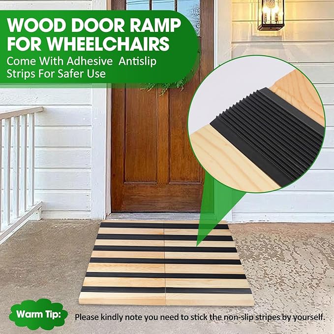 8" Rise Wooden Threshold Ramp for Home Steps, Door Ramp for Wheelchair/Walker/Cart/Scooter, Multipurpose Door Ramp with Non-Slip Stripes(35.4" W*8.0" H, Solid Wood, 800LBs Capacity)