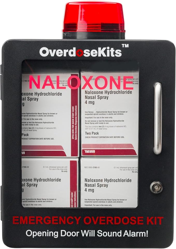 Naloxone Overdose Emergency Kit Cabinet - Includes Optional Alarm and Locking System - Designed for Wall Mount & Public Access (Metal, Black)