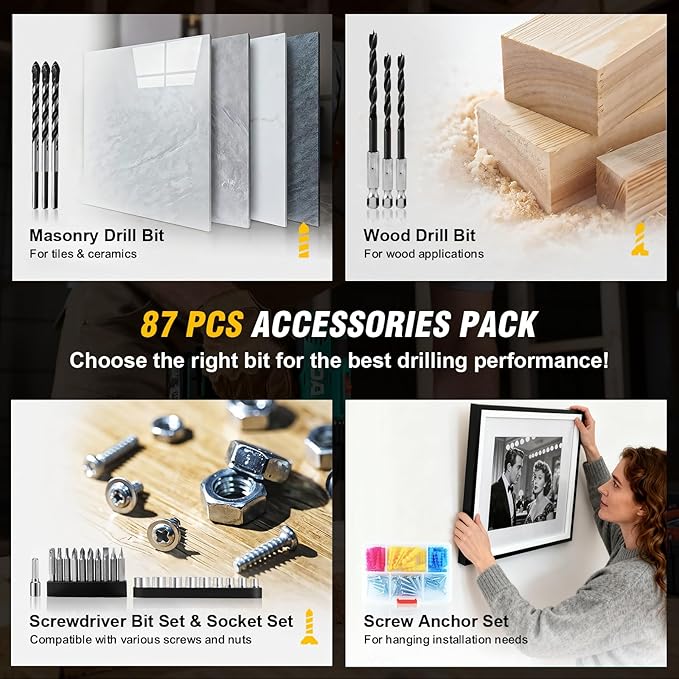 21V Cordless Brushless Power Drill Set with 4.0Ah Large Capacity Battery and Charger, 3/8-Inch Metal Keyless Chuck Electric Drill Driver, 25+1 Torque Setting, 2 Speed, 87pcs Drill kit for DIY Projects